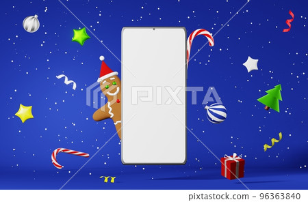 Smartphone mockup Christmas cookie Gingerbread man Santa hat levitating 3d rendering blue background. Xmas advertisement Smartphone mockup Christmas cookie Gingerbread man Santa hat levitating 3d rendering blue background. Xmas advertisement 96363840