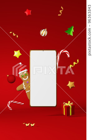 Smartphone mockup Christmas cookie Gingerbread man Santa hat levitating 3d rendering red background. Xmas advertisement. Smartphone mockup Christmas cookie Gingerbread man Santa hat levitating 3d rendering red background. Xmas advertisement. 96363843