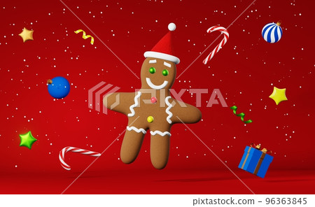 Christmas cookie Gingerbread man in Santa hat levitating falling snow banner 3d rendering red background. Xmas party 96363845