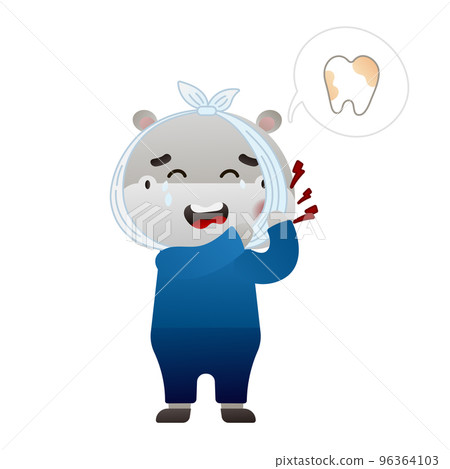 Cute baby hippo suffering from teethache in cartoon style 96364103