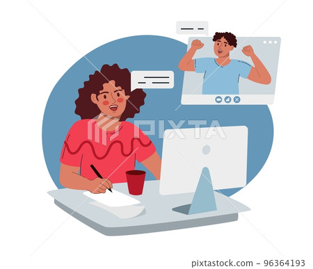 Virtual remote work. Windows with office colleagues. Online remote video conference call. Video conference. Vector illustration is flat isolated on a white background. 96364193