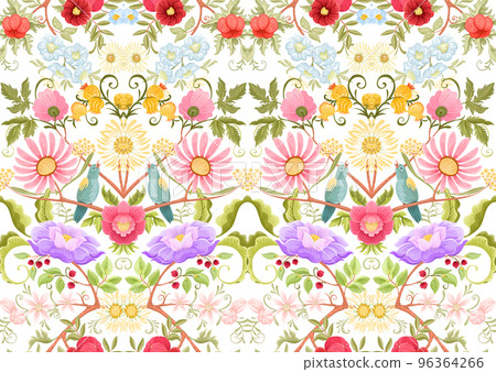 Fantasy flowers and birds in retro, vintage, jacobean embroidery style. Fantasy flowers and birds in retro, vintage, jacobean embroidery style. 96364266