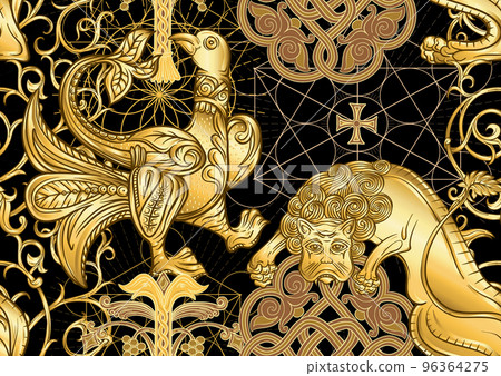 Byzantine traditional historical motifs of animals, birds, flowers and plants. 96364275