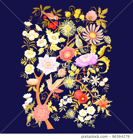 Fantasy flowers and birds in retro, vintage, jacobean embroidery style. Fantasy flowers and birds in retro, vintage, jacobean embroidery style. 96364276