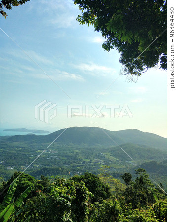Panoramic view from the highest point of the tropical island. Island valley landscape 96364430