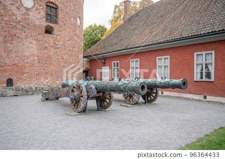 View of famous Swedish 16 th century cannon at Gripsholm castle located in Mariefred Sodermanland Sweden 96364433