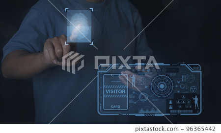 Businessman touching virtual screen visitor biometric identity and approval. Businessman touching virtual screen visitor biometric identity and approval. 96365442