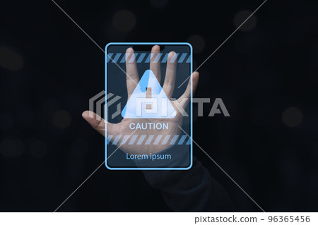 Hand showing stop gesture with caution sign virtual screen. Hand showing stop gesture with caution sign virtual screen. 96365456