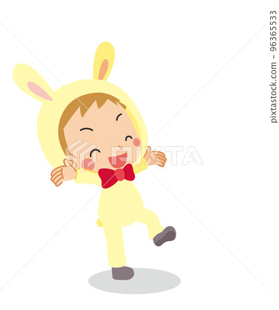 一個穿著兔子服裝的可愛小男孩的插圖，他很高興說再見 白色背景全身矢量 96365533