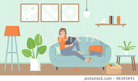 Home entertainment, isolation period, relax concept. Cozy interior living room with a cat. Girl on sofa reading a book. Stock vector illustration in cartoon flat style. Home entertainment, isolation period, relax concept. Cozy interior living room with a cat. Girl on sofa reading a book. Stock vector illustration in cartoon flat style. 96365641