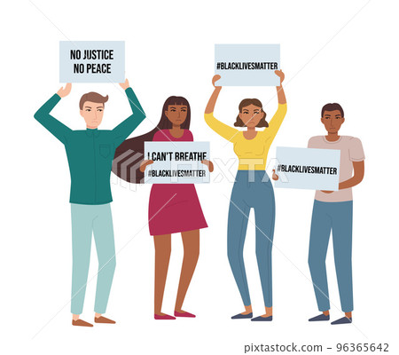 Crowd protest with posters against violence. Black lives matters, anti-racism demonstration, miting, activism, concept. Stock vector illustration in flat cartoon style isolated on white. 96365642
