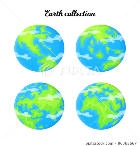 Cartoon Earth set with different planet angle. Ecology and reuse concept. Global environment problem. Stock vector illustration in flat style isolated on a white background. Cartoon Earth set with different planet angle. Ecology and reuse concept. Global environment problem. Stock vector illustration in flat style isolated on a white background. 96365667