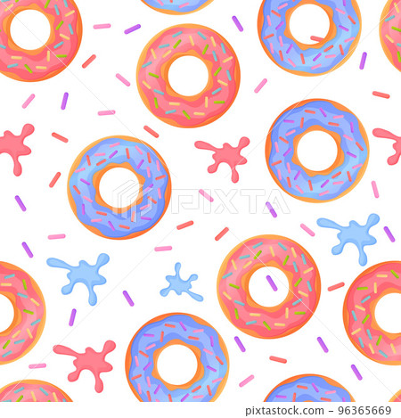 Sweet colorful baked glazed donuts or doughnuts Seamless pattern with sprinkles and splashes Sweet colorful baked glazed donuts or doughnuts Seamless pattern with sprinkles and splashes 96365669