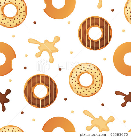 Sweet colorful baked glazed donuts or doughnuts Seamless pattern with sprinkles and splashes Sweet colorful baked glazed donuts or doughnuts Seamless pattern with sprinkles and splashes 96365670