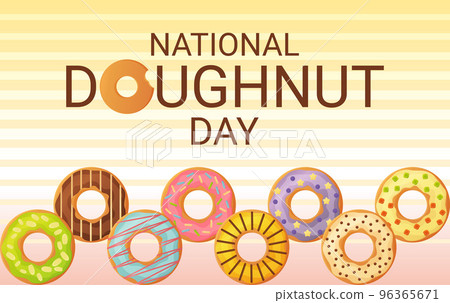 National Donut Day banner. 5th june. Can be used for web. Stock vector illustion in flat cartoon style. National Donut Day banner. 5th june. Can be used for web. Stock vector illustion in flat cartoon style. 96365671
