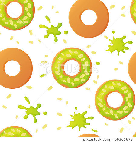 Sweet pistachio colorful baked glazed donuts or doughnuts with nuts seamless pattern with sprinkles and splashes in flat style Sweet pistachio colorful baked glazed donuts or doughnuts with nuts seamless pattern with sprinkles and splashes in flat style 96365672