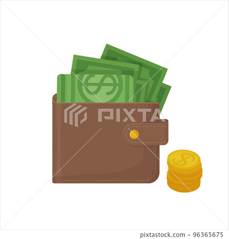 Wallet with money, dollars and coins. Cirrensy, cash, shopping, finance, money, wealth concept. Stock vector illustration isolated on white background in cartoon flat style. Wallet with money, dollars and coins. Cirrensy, cash, shopping, finance, money, wealth concept. Stock vector illustration isolated on white background in cartoon flat style. 96365675