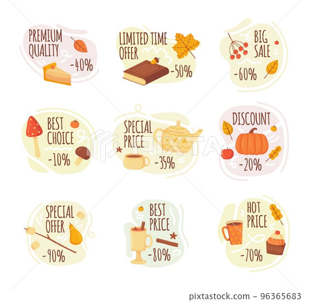 Cartoon autumn sale labels. Cozy fall symbols, marshmallow, cup of cocoa, mulled wine, apple, leaves, cinnamon, berries and rowan. Stock vector in flat style isolated on white background. 96365683