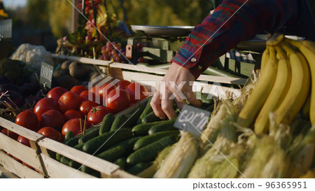 Farmer lays out vegetables or fruits Farmer lays out vegetables or fruits 96365951