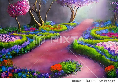 Enchanted garden. A magical garden with a path, flowers, trees , Fantasy world. Idyllic tranquil morning Enchanted garden. A magical garden with a path, flowers, trees , Fantasy world. Idyllic tranquil morning 96366246
