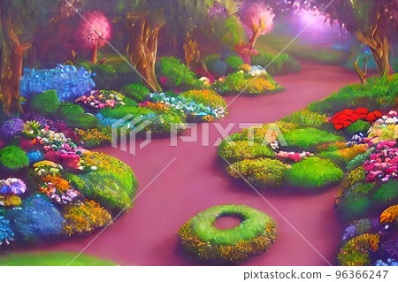 Enchanted garden. A magical garden with a path, flowers, trees , Fantasy world. Idyllic tranquil morning Enchanted garden. A magical garden with a path, flowers, trees , Fantasy world. Idyllic tranquil morning 96366247