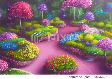 Enchanted garden. A magical garden with a path, flowers, trees , Fantasy world. Idyllic tranquil morning Enchanted garden. A magical garden with a path, flowers, trees , Fantasy world. Idyllic tranquil morning 96366250