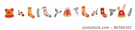 Set of warm cozy winter clothes design. Knit and winter fashion, winter socks, hat with bunny ears. 96366362