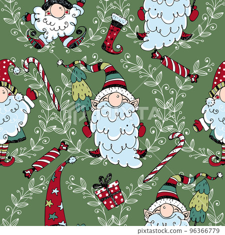 Christmas seamless pattern with cute Nordic gnomes. Doodle style. Vector. Christmas seamless pattern with cute Nordic gnomes. Doodle style. Vector. 96366779