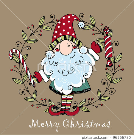 Cute Christmas gnome with gifts in Doodle style. Greeting card. Vector. Cute Christmas gnome with gifts in Doodle style. Greeting card. Vector. 96366780