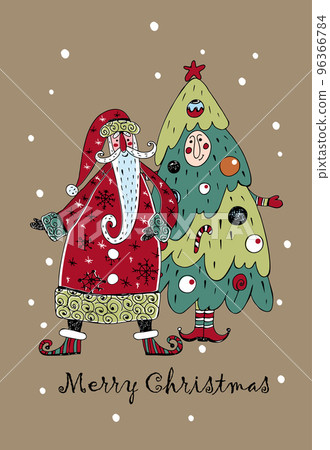 Christmas card with Santa Claus and a festive Christmas tree. Doodle style. Vector. 96366784