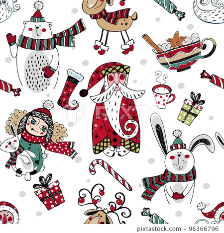 Christmas winter seamless pattern with Santa Claus and winter animals. Doodle style. Vector. 96366796