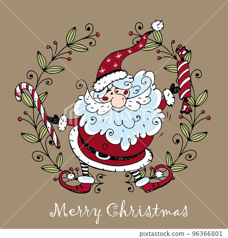 Merry Christmas greeting card. Merry Santa laus with Christmas sweets doodle style. Vector. Merry Christmas greeting card. Merry Santa laus with Christmas sweets doodle style. Vector. 96366801