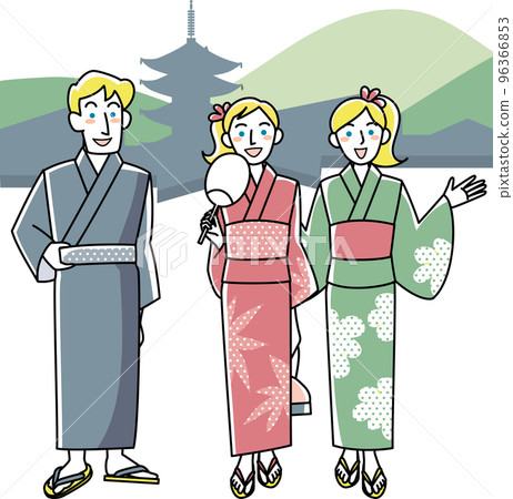 穿著浴衣微笑的外國遊客男女 96366853