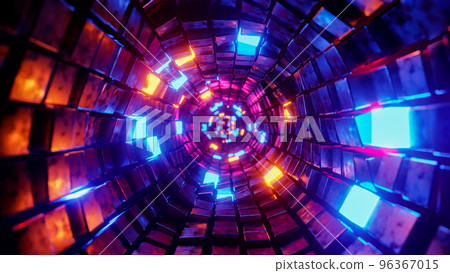 Flying in a tunnel with glowing cubes. 3D rendering illustration. Flying in a tunnel with glowing cubes. 3D rendering illustration. 96367015