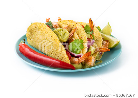 Mexican tacos wih shrimp,guacamole and vegetables isolated on white background Mexican tacos wih shrimp,guacamole and vegetables isolated on white background	 96367167