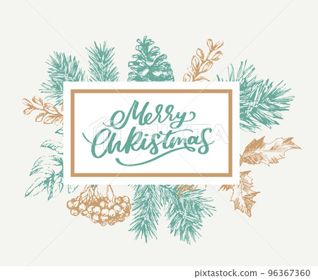 Merry Christmas and Happy New Year Abstract Botanical Card with Square Frame Banner and Modern Typography. Green and Pink Pastel Colors Greeting Layout. Isolated. 96367360