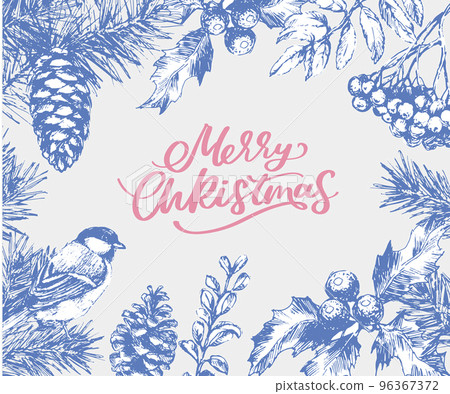 Merry Christmas and Happy New Year Abstract Botanical Card with Square Frame Banner and Modern Typography. Green and Pink Pastel Colors Greeting Layout. Isolated. Merry Christmas and Happy New Year Abstract Botanical Card with Square Frame Banner and Modern Typography. Green and Pink Pastel Colors Greeting Layout. Isolated. 96367372