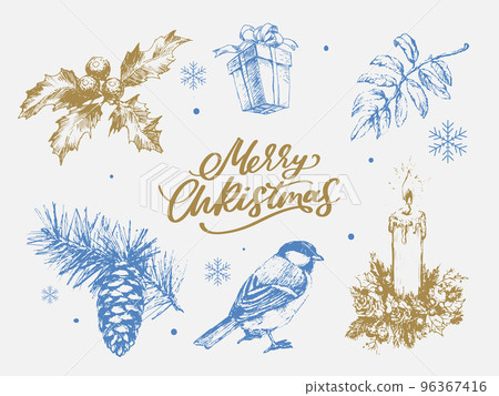 Merry Christmas. Happy New Year, 2023. Typography set. Vector logo, emblems, text design. Usable for banners, greeting cards, gifts etc. Merry Christmas. Happy New Year, 2023. Typography set. Vector logo, emblems, text design. Usable for banners, greeting cards, gifts etc. 96367416