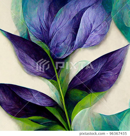 Purple and blue watercolor flowers with green stems and leaves. Watercolor art background. Purple and blue watercolor flowers with green stems and leaves. Watercolor art background. 96367435