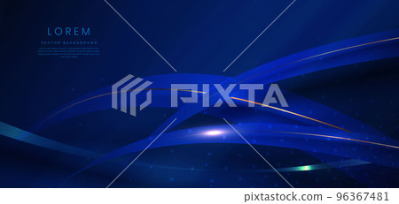 Abstract 3d gold curved dark blue ribbon on dark blue background with lighting effect and sparkle with copy space for text. 96367481