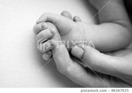 Close-up little hand of child and palm of mother and father. The newborn baby has a firm grip on the parent's finger after birth. A newborn holds on to mom's, dad's finger. Black and white photo. 96367635