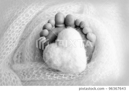 Feet of a newborn close-up in a woolen blanket. Pregnancy, motherhood, preparation and expectation of motherhood, the concept of the birth of a child. Black and white photography. Feet of a newborn close-up in a woolen blanket. Pregnancy, motherhood, preparation and expectation of motherhood, the concept of the birth of a child. Black and white photography. 96367643