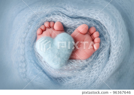 Legs, toes, foot and heels of a newborn. The feet wrapped in a blue knitted blanket. Macro stidio photo, close-up. Knitted blue heart in baby's legs. High quality photo Legs, toes, foot and heels of a newborn. The feet wrapped in a blue knitted blanket. Macro stidio photo, close-up. Knitted blue heart in baby's legs. High quality photo 96367646