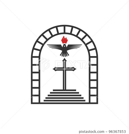 Christian illustration. Church logo. Steps leading to the cross and the kingdom of God. The dove is a symbol of peace, holiness and the Spirit. 96367853
