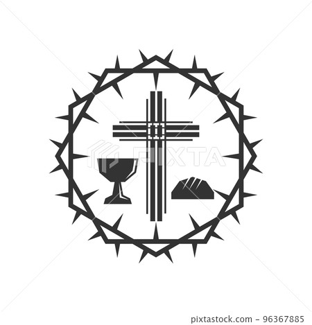 Christian illustration. Church logo. The cross of Jesus Christ, the chalice of the sacrament and the bread, framed with a crown of thorns. 96367885