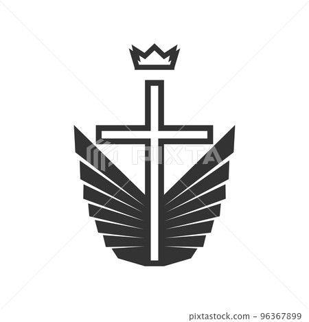 Christian illustration. Church logo. Cross of Jesus, royal crown and wings of the Holy Spirit. 96367899