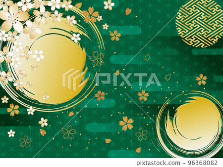 Gold leaf round brush cherry blossoms_green background 1489 96368082