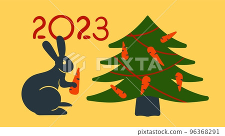 Black Rabbit with Carrots, Chinese New Year 2023, Christmas tree postcard, vector UI banner, yellow background Black Rabbit with Carrots, Chinese New Year 2023, Christmas tree postcard, vector UI banner, yellow background 96368291