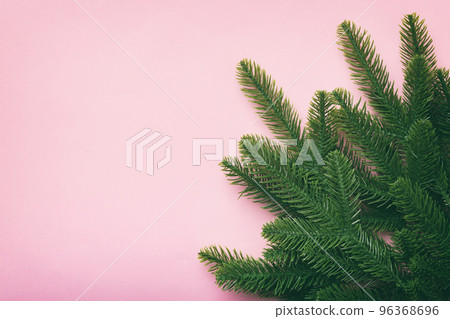 Christmas holiday background with copy space for advertising text. Fir branches on color background . Flat lay, top view Christmas holiday background with copy space for advertising text. Fir branches on color background . Flat lay, top view 96368696