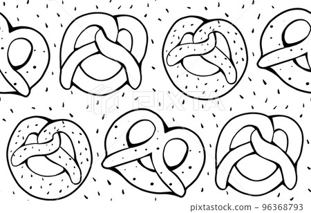 Seamless monochrome pattern with contour pretzels and croissants on white background. Backdrop with outline buns. Vector texture 96368793